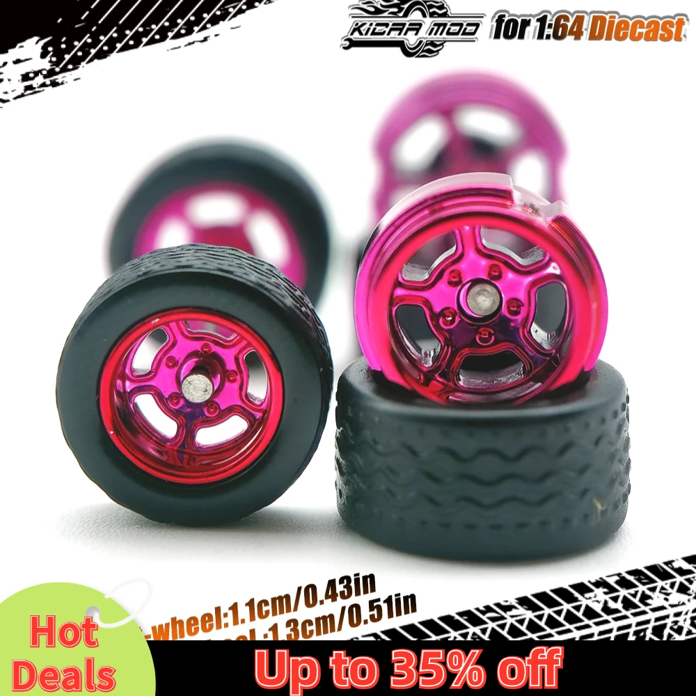 1/64 Model Car Electroplate Wheels with Detachable Tires Five Spoke Refitting Parts for Hot Wheels Matchbox D:11mm+13mm 1 Set 5