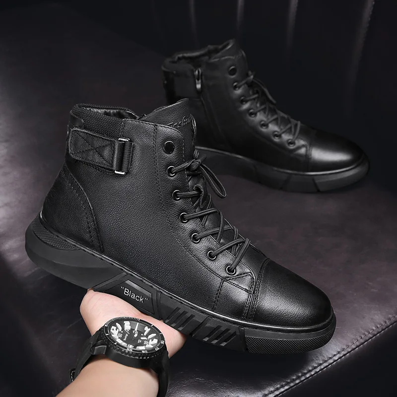 Men Sneakers Outdoor Boots Chelsea Boots Men Leather Boots Sneakers Casual Shoes for Men Pu Leather Boots Comfortable Flat Soled High Top Mid Lace Up Fashion Male Footwear Winter New