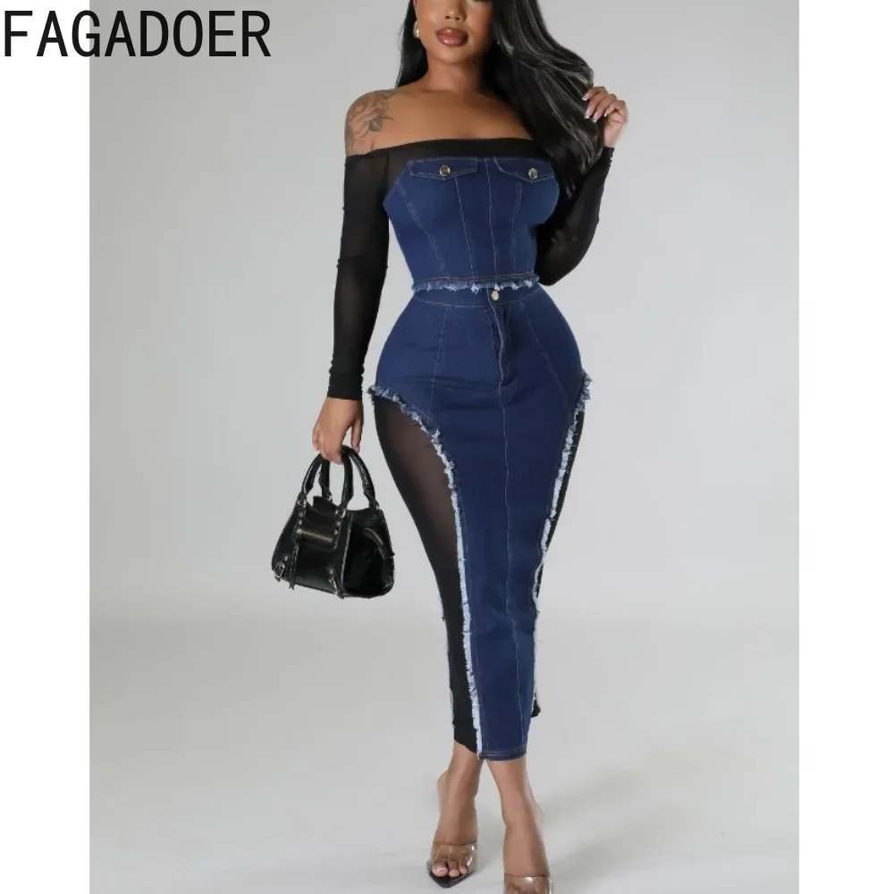 FAGADOER Fashion Mesh Denim Patchwork Skirts Two Piece Sets Women Off Shoulder Long Sleeve Crop Top And Skirts Cowboy Outfits