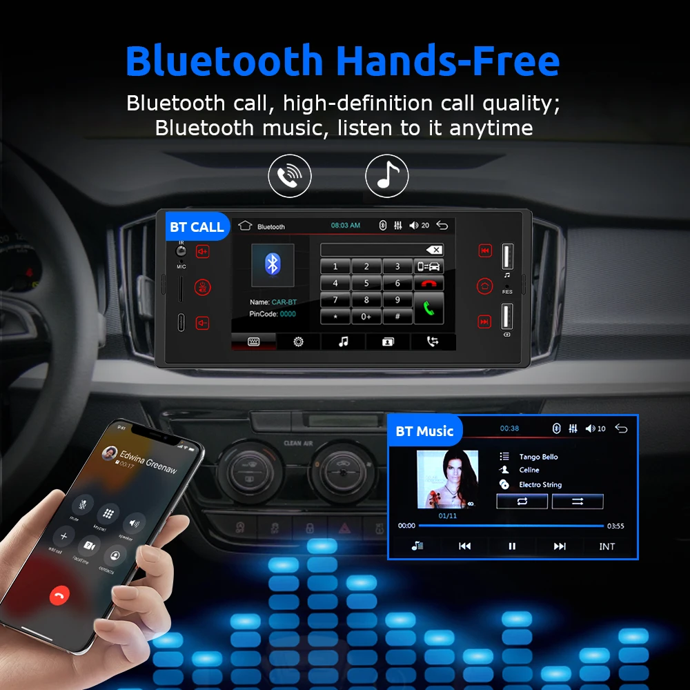 Фото Автомагнитола ESSGOO 1Din, mp5-плеер, Авторадио, стерео 5 дюймов IPS экран, Bluetooth Mirrorlink Тип C, универсальный мультимедийный плеер для автомобиля №4
