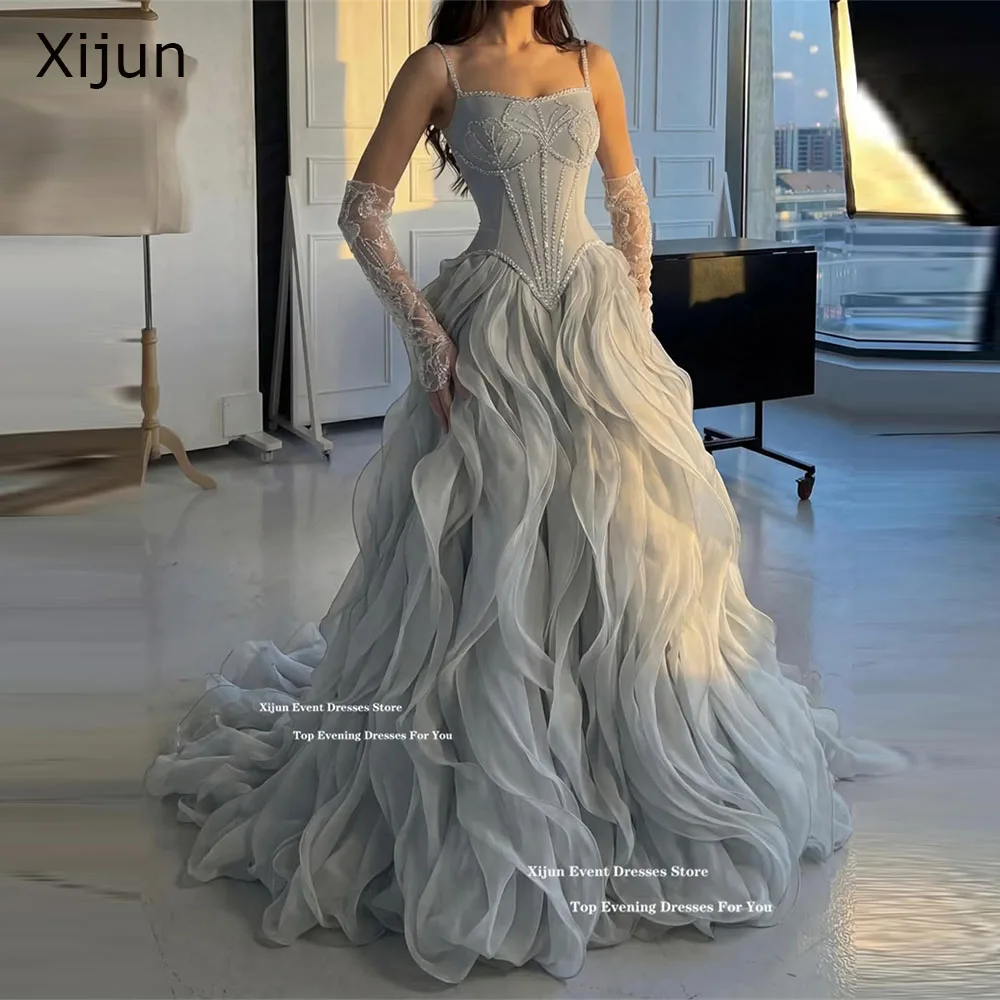 Xijun Luxury Long Evening Dresses Ruffles Beads Formal Dubai Prom Dresses Ruched Sweetheart A-Line Prom Gowns Women Customized 1