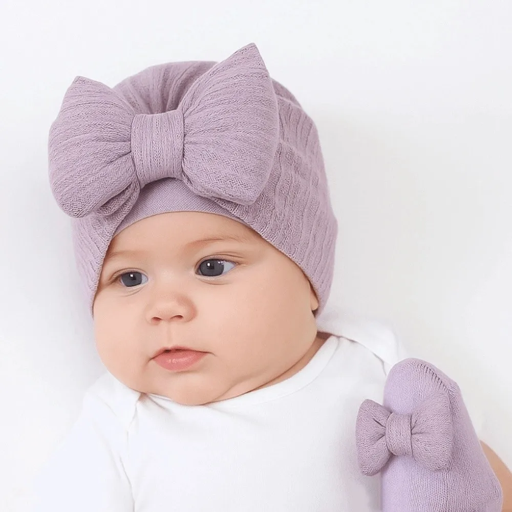 Cotton Knit Baby Hat Socks Set 0-12 Months Elastic Baby Bow Fetal Cap Big Bowknot Windproof Newborn Turban Hat Home/Outdoor
