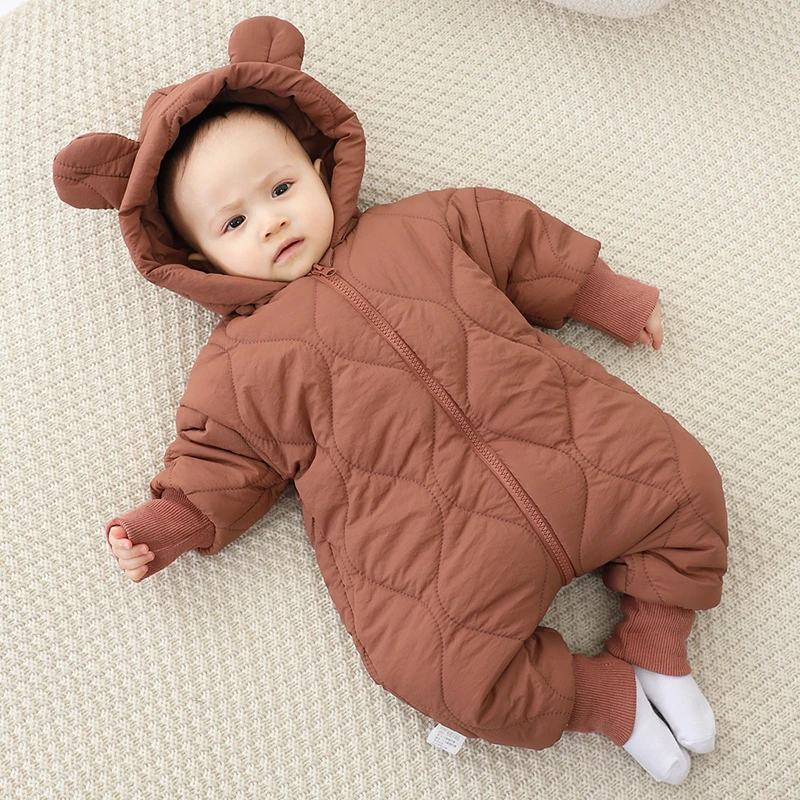 Winter Newborn Clothes Baby Jumpsuit Plush Thickened Baby Hooded Jacket For Outdoor Warmth Boys Girls Jumpsuits