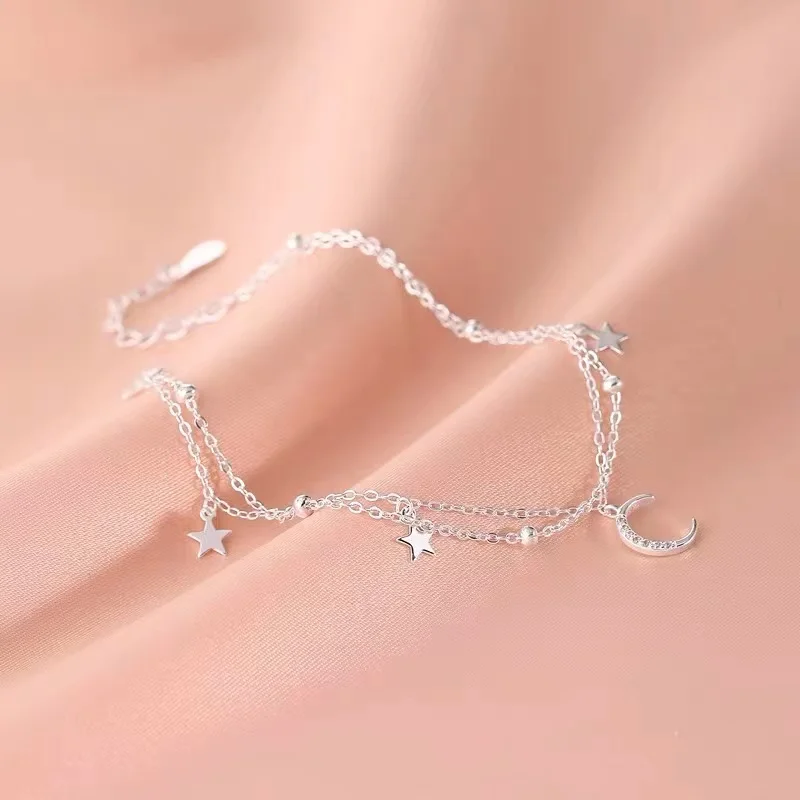 Silver Bracelet 925 Sterling Silver Star Moon Bracelet Geometric Double Layer Party Gift Women Jewelry