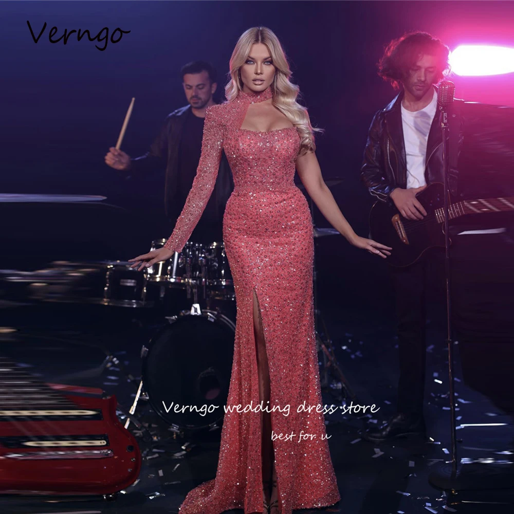 

Verngo Sparkly Glitter Blush Pink Mermaid Evening Dresses Long Sleeve High Neck Glitter Split Dubai Prom Gowns Formal Occasion