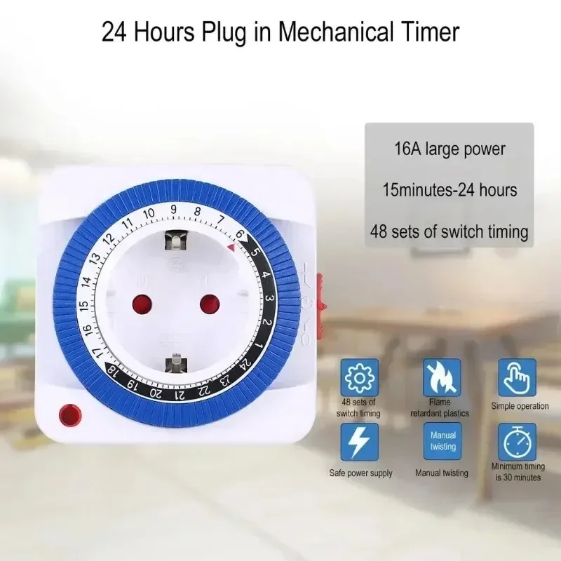 EU 24 Hours Timer Switch Timer Plug in Mechanical Grounded Programmable Smart Countdown loop Switch Socket Indoor Auto Power off 6