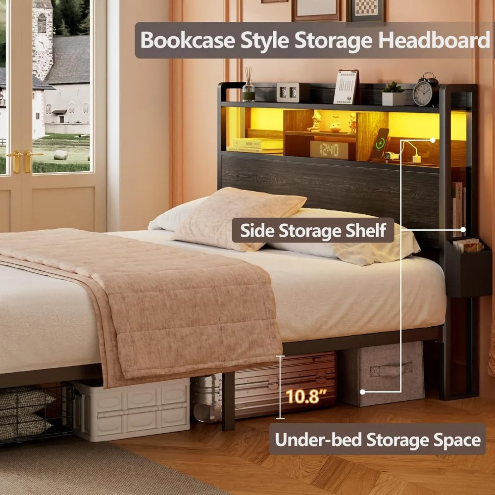 Queen Bed Frame with Wood Headboard and Storage Shelf, Metal Platform Bed Frame Queen Size with Storage Drawers86.4Lx61Wx 44.9H 4