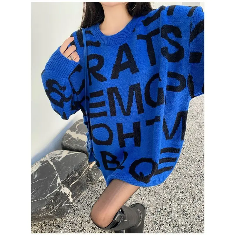 

2022 New Klein Blue Sweater Women Letter Loose Casual Thick Mid-length Knitted Top Winter Sweater Oversize Japanese Pullover