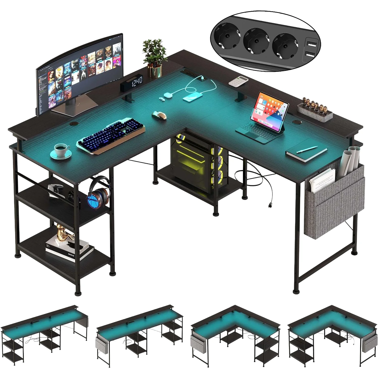 RGB Gaming Schreibtisch L-förmiger Eckschreibtisch Multifunktionaler Computertisch mit Monitorständer und Ablage – Detail 1