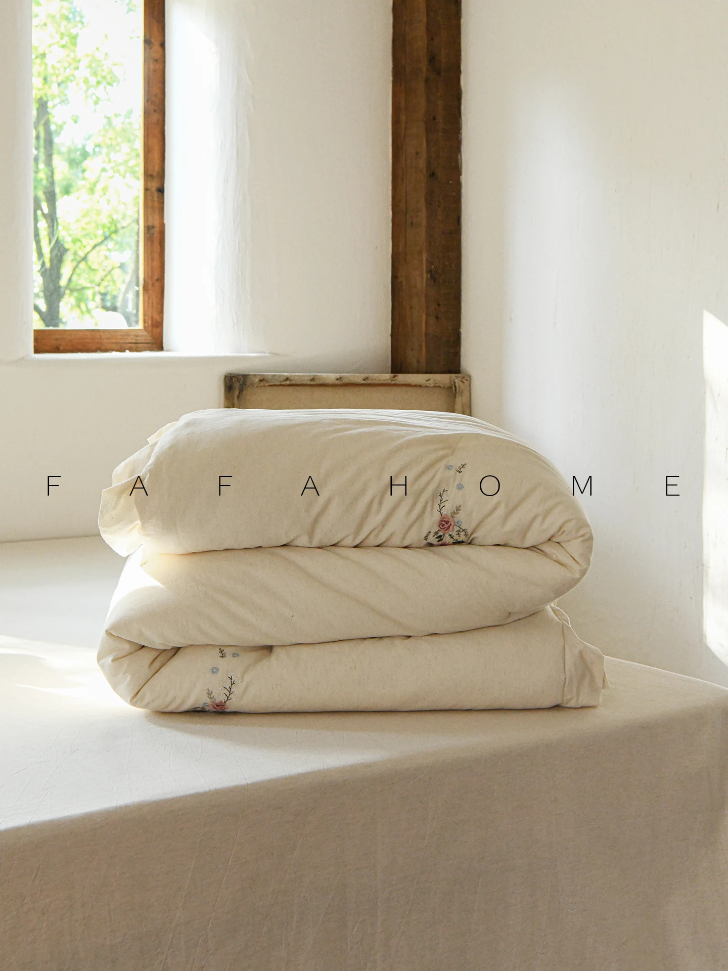 FAHOME 20% 멀베리 실크 A급 면 린넨 자수 사계절 따뜻한 세탁 가능한 침구 이불 커버 없이