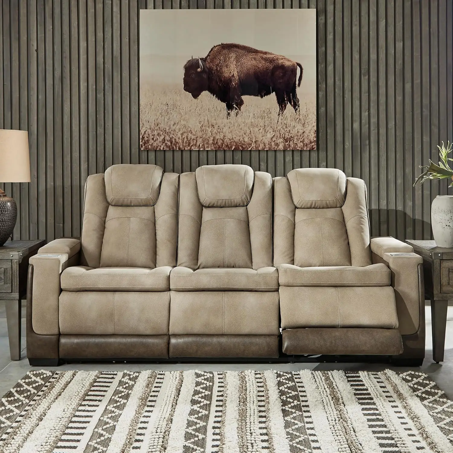 Next-Gen DuraPella Power Reclining Sofa – Wireless & USB Charging, Zero-Gravity, Water-Repellent Faux Leather, Tan/Brown