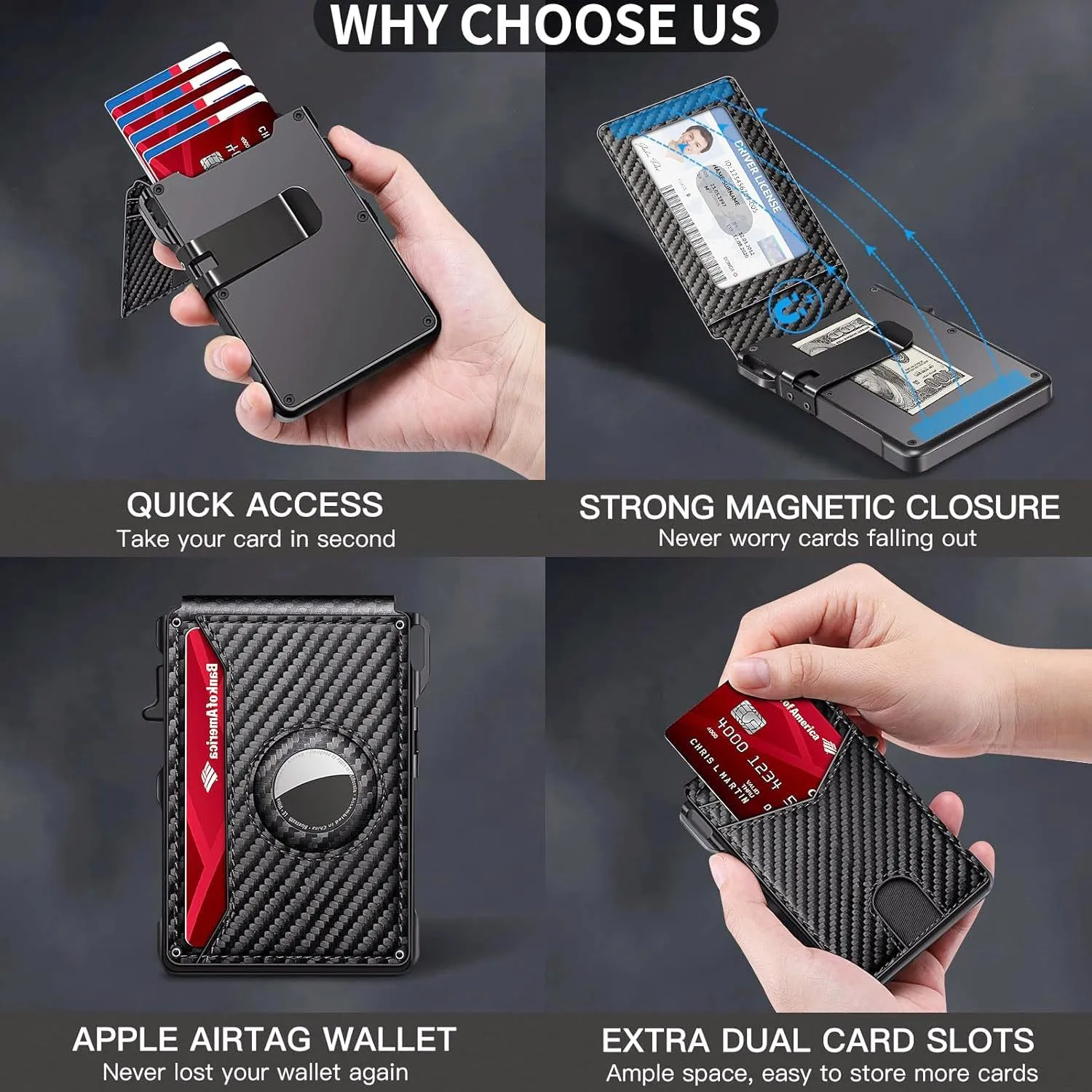 Men's Pop-Up Aluminum Carbon Fiber RFID Blocking Wallet with AirTag Slot