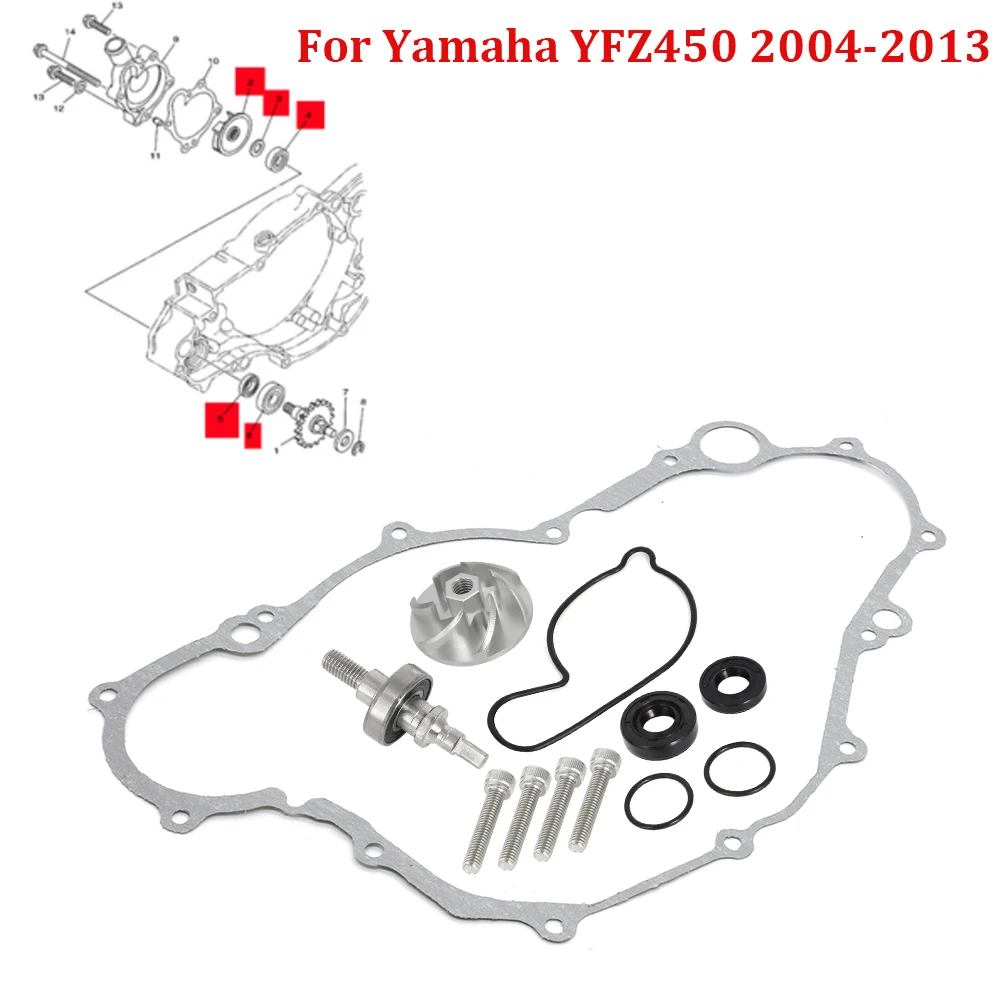 For Yamaha YFZ450 04-13 Water Pump Impeller Billet Gear Shaft Seals Bearing Kit 5DJ-12451-00-00, 5GR-12458-00-00, 93306-00105-00 gear crank shaft yamaha 716 11434 00 00