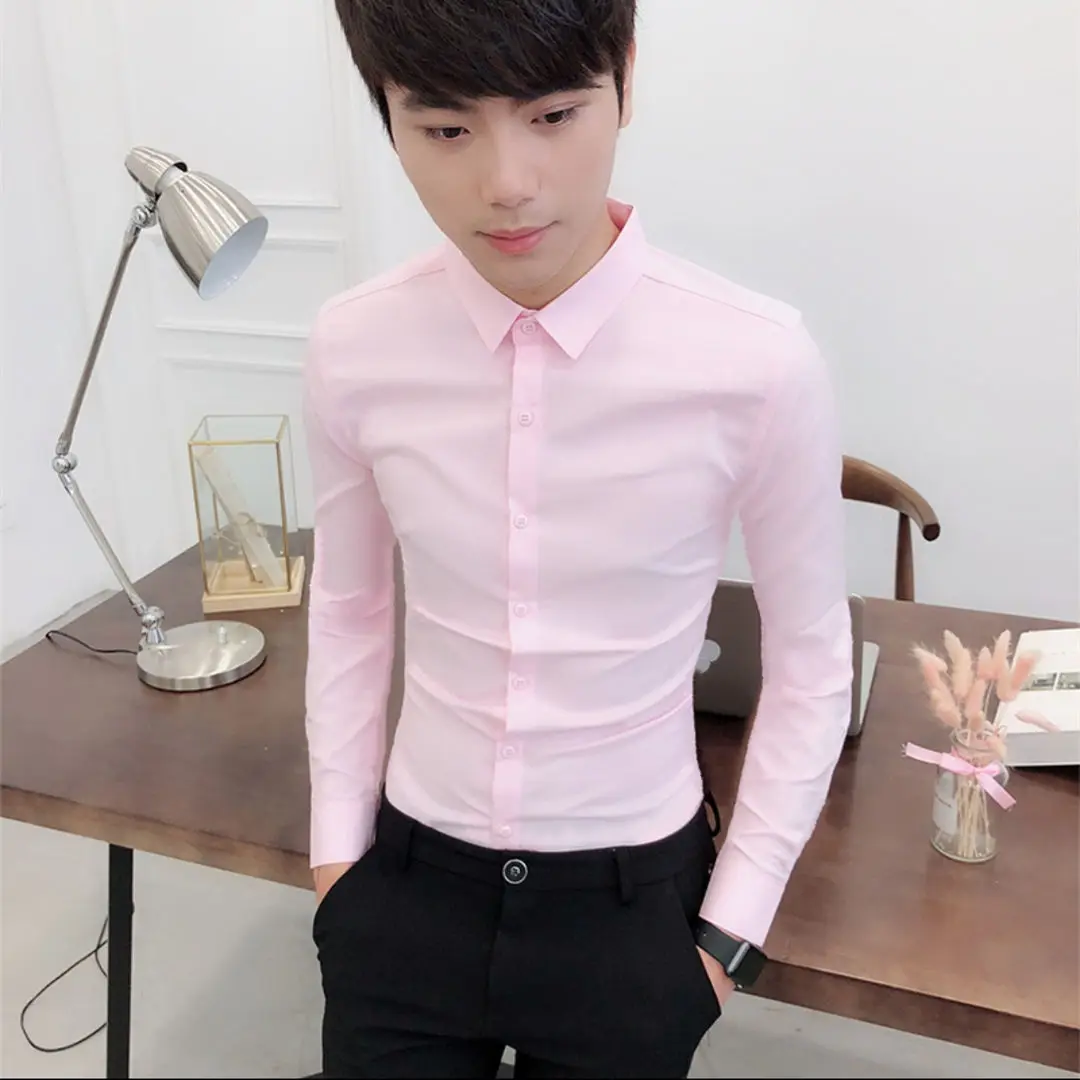 

2022 British Style Long Sleeve Solid Shirt Men Clothing Fashion 2022 Autumn Business Formal Wear Slim Blouse Masculina Tops W345