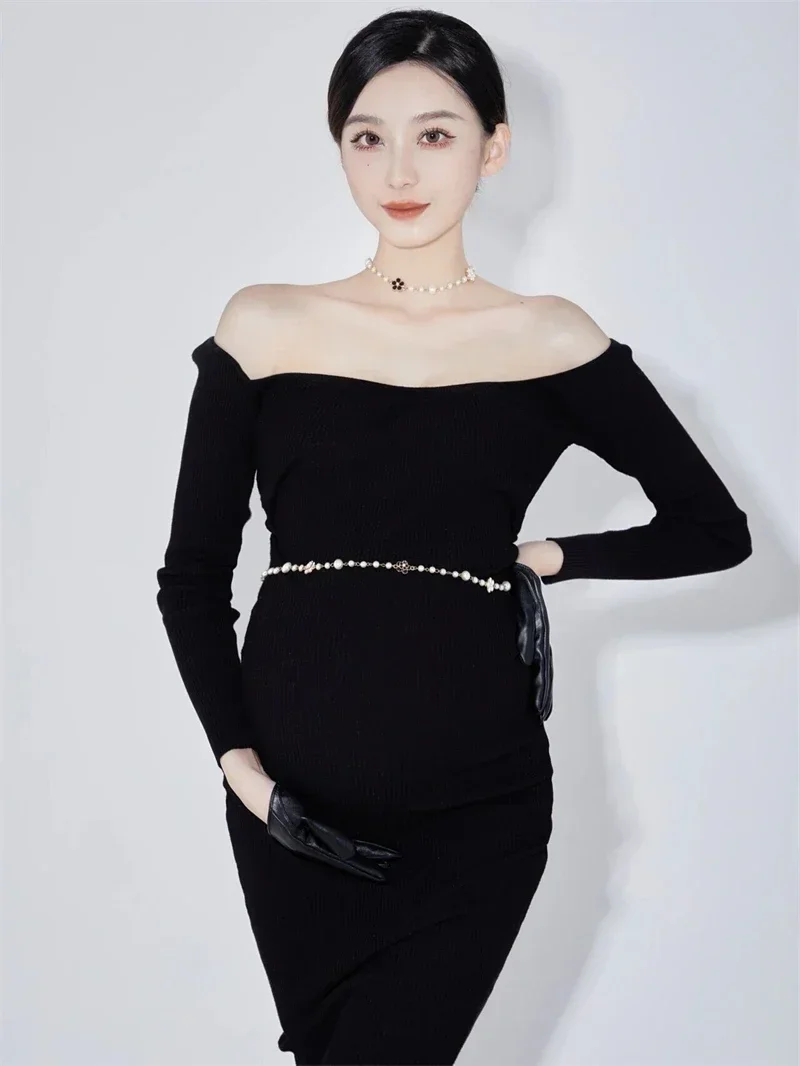 

Women Photography Prop Maternity Dresses Black Elegant Off-shoulder Knit Pregnancy Dress with Neckless Studio Photoshoot Clothes