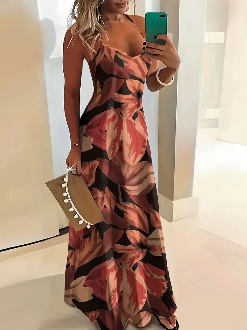 thumbnail image 1 of Falda de tirantes estilo bohemio de verano para mujer, vestido informal holgado de corte A largo, elegante y nuevo para playa., 1 of 4