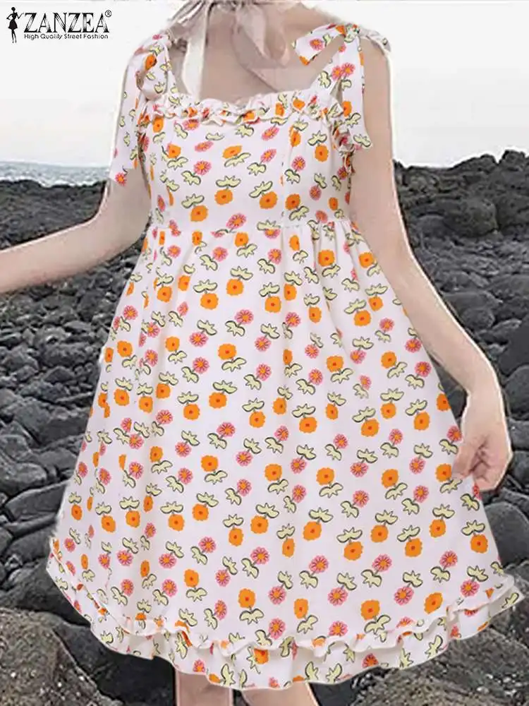 

ZANZEA Summer Spaghetti Strap Ruffled Party Vestido Women Floral Print Dress 2024 Holiday Beach Robe Casual Pleated Slip Dresses