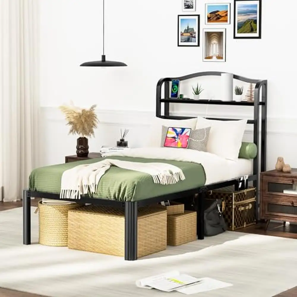 

Twin XL Metal Bed Frame with Headboard 18 Inch Tall Platform USB Port Black Finish Storage Shelf Easy Assembly Rustic Style No
