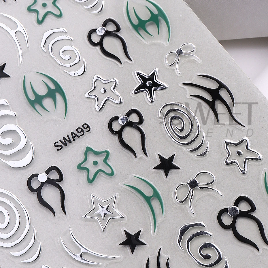 2pcs Metallic Silver Line Nail Art Sticker 3D Flame Line Bow Swirls Star Y2K Tatton Slider Decals DIY Holographic Manicure Decor