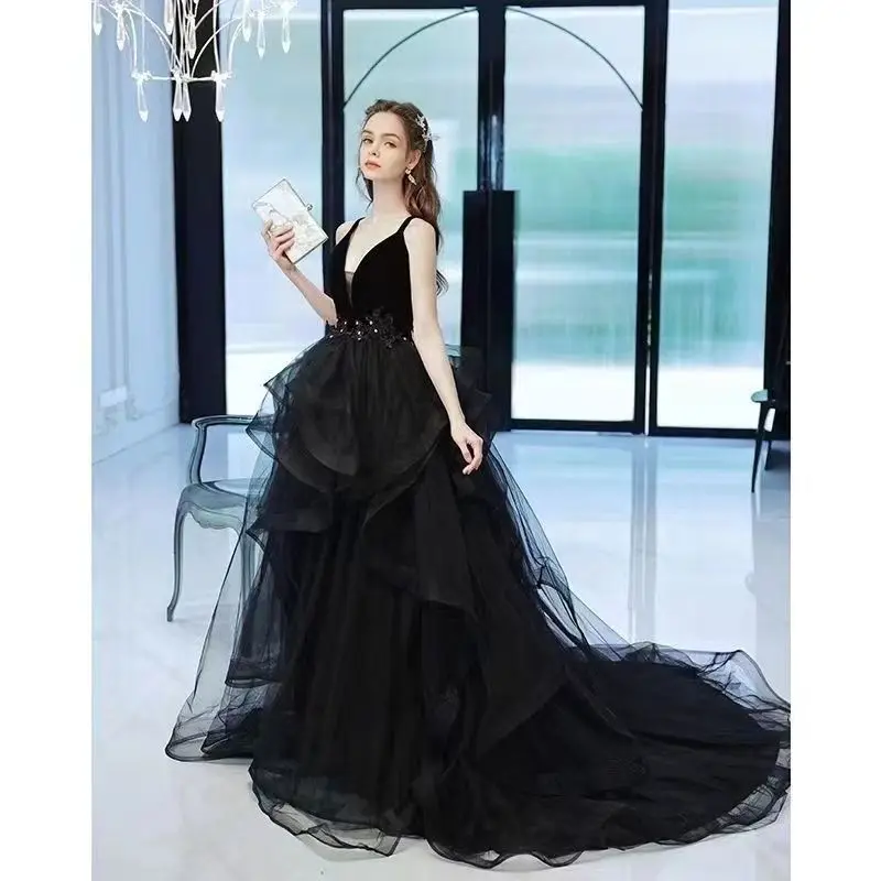 robes-de-soiree-en-tulle-pour-femmes-robe-une-piece-longue-moelleuse-bretelles-spaghetti-noir-robe-d'anniversaire-elegante