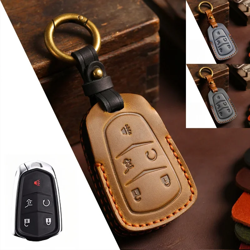 

Genuine Leather Car Remote Smart Key Fob Case Cover Holder Bag With Keychian For Cadillac ATS CTS CT6 XTS XT5 Escalade SRX