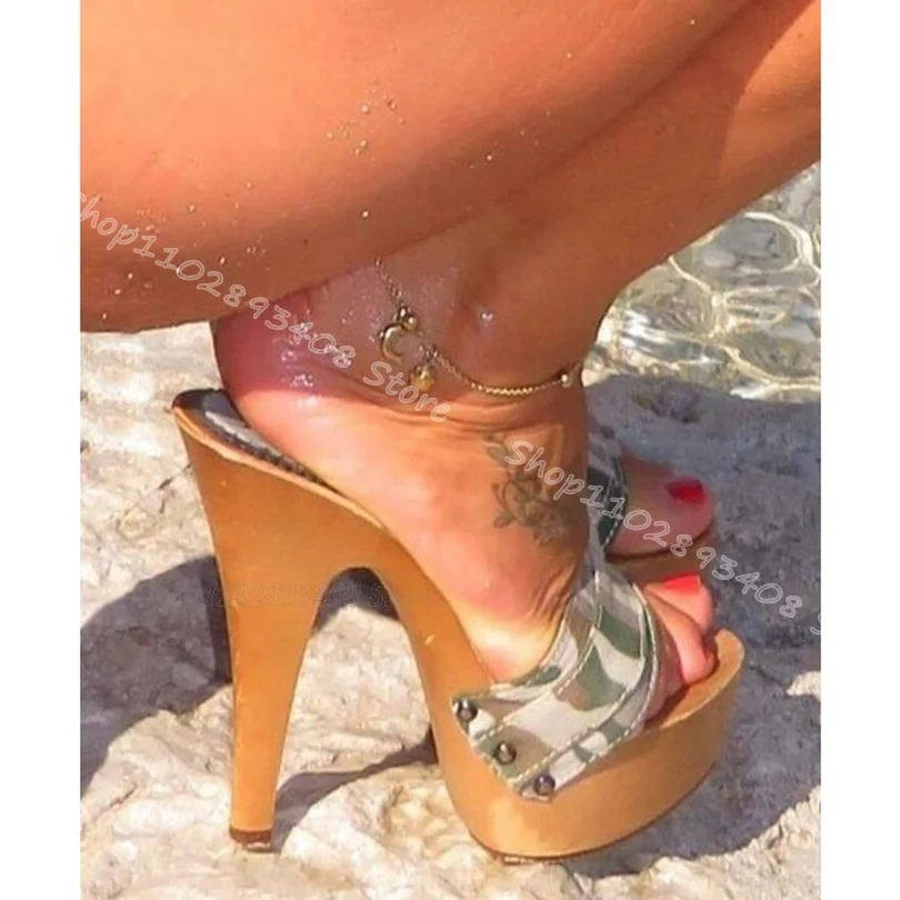 

Camouflage Platform Rivet Decor Slippers Open Toe British Style Summer Design for Women Party Sexy Slippers Zapatos Para Mujere
