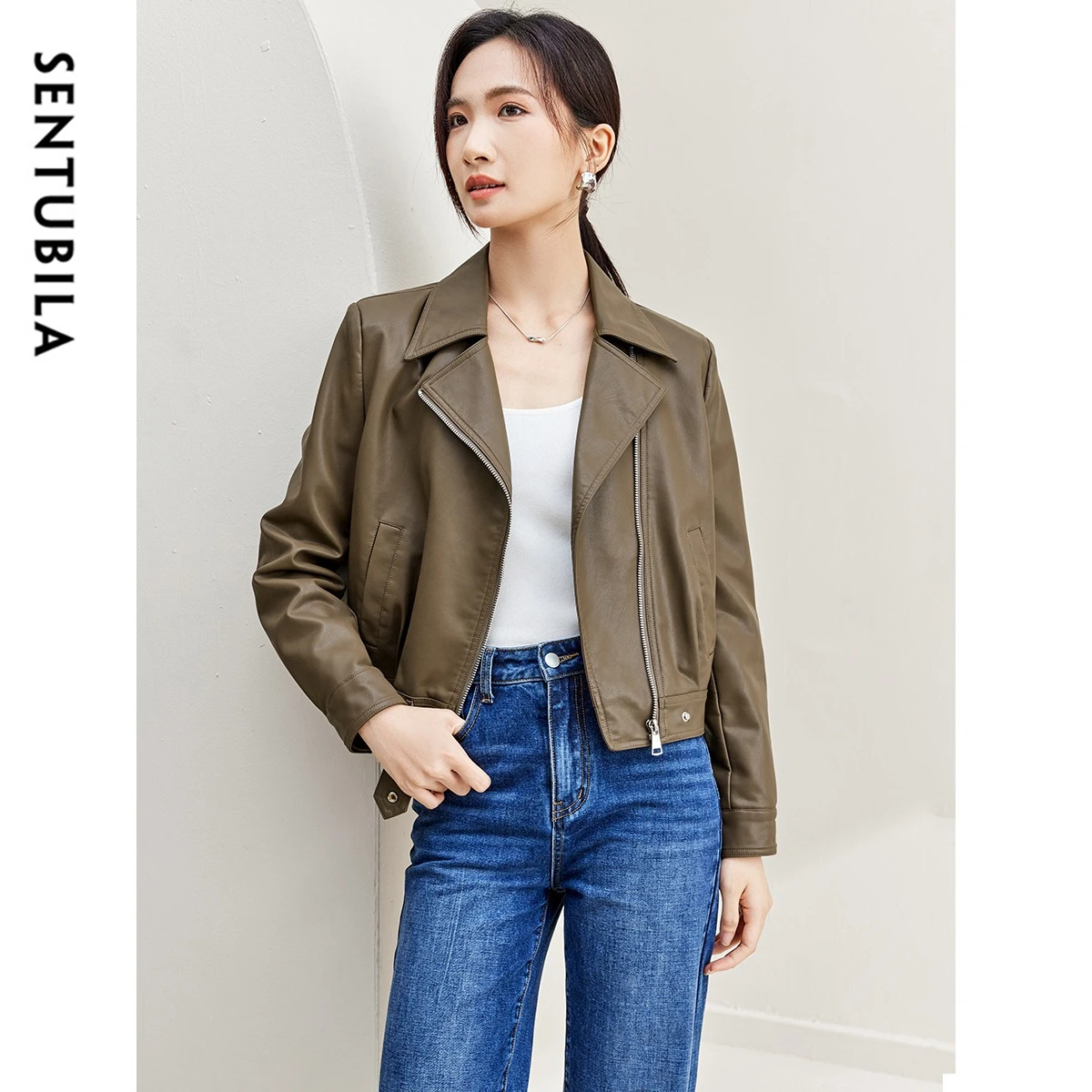 Sentubila-Blouson aviateur court en similicuir PU pour femme, veste zippée à revers vintage, combinaison de moto, automne et hiver 2023