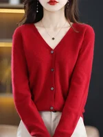 Women Cardigans V-neck Long Sleeve Knitted Outerwear Solid Thin Spring Autumn Sweaters Knitwears Korean Fashion Red Cardigans