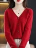 Women Cardigans V-neck Long Sleeve Knitted Outerwear Solid Thin Spring Autumn Sweaters Knitwears Korean Fashion Red Cardigans 1