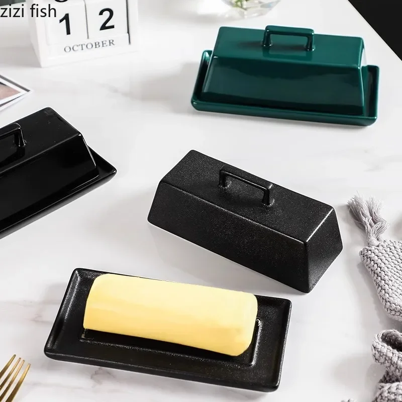 Solid Color Ceramic Butter Dish With Lid Creative Cheese Plate Butter Plate Dessert Dim Sum Household Tableware