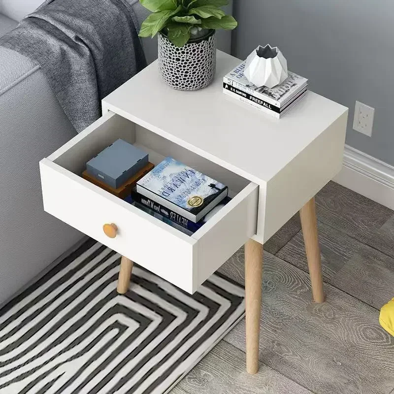 Modern with Drawer Nightstand , Bedside Table with Solid Wood Legs, Adorable Practical End Side Table Open Storage Shelf