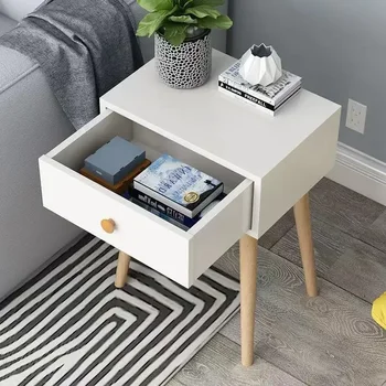 Modern with Drawer Nightstand , Bedside Table with Solid Wood Legs, Adorable Practical End Side Table with Open Storage Shelf