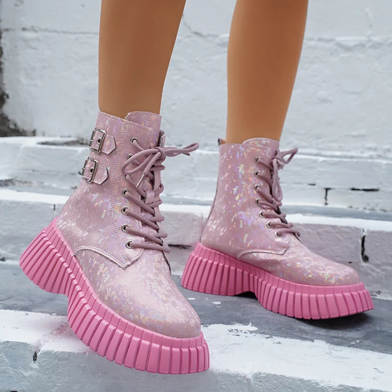 

Ботинки женские с круглым носком, мотоциклетные ботинки с блестками, на шнуровке, Повседневная Уличная обувь с пряжкой, Размеры 35-40