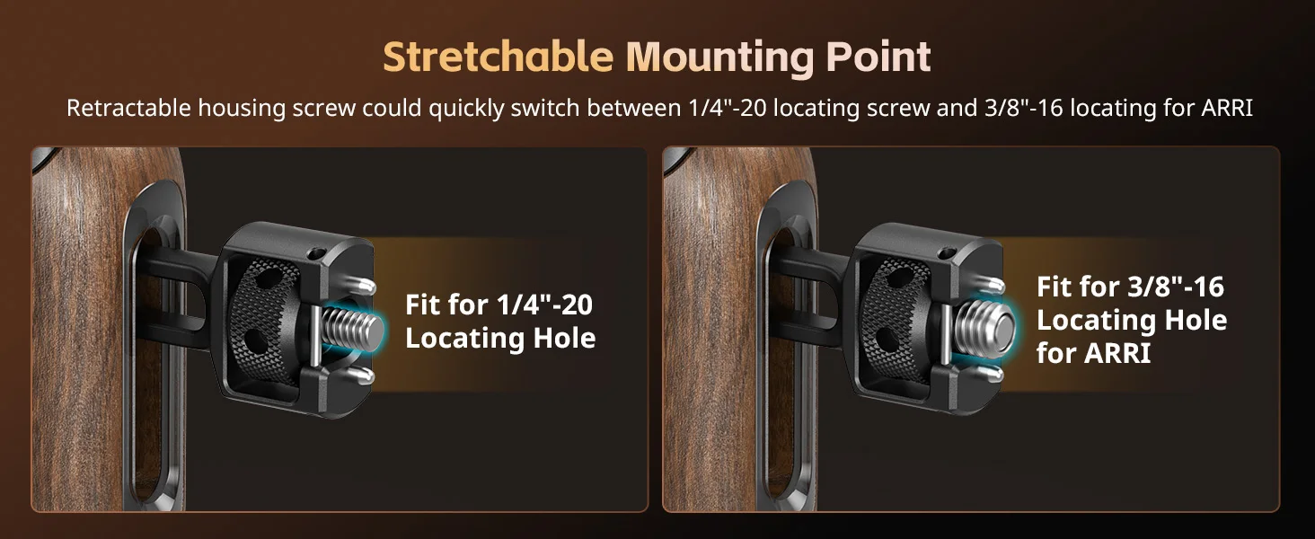 Wooden Side Handle with 1/4"-20 & 3/8''-16 ARRI Locating Screws Retractable Inte