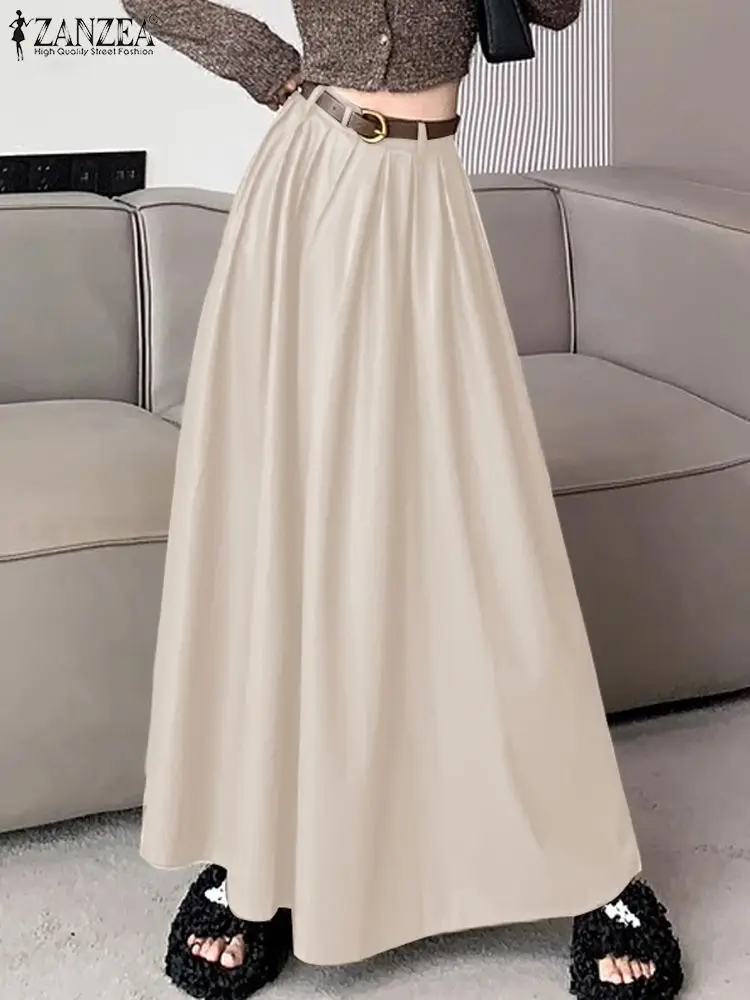

Юбка ZANZEA Женская плиссированная длинная, повседневная винтажная юбка-зонтик из искусственной кожи, с эластичной завышенной талией, модная Свободная юбка, 2024