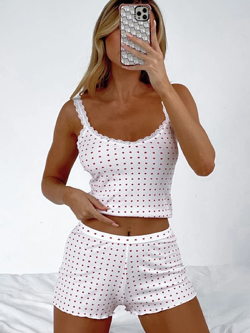 Marthaqiqi 2024 New Ladies Sleepwear Set Sexy Lace Pajamas Tank Tops Nightie Spaghetti Strap Nightwear Shorts Home Clothes Women