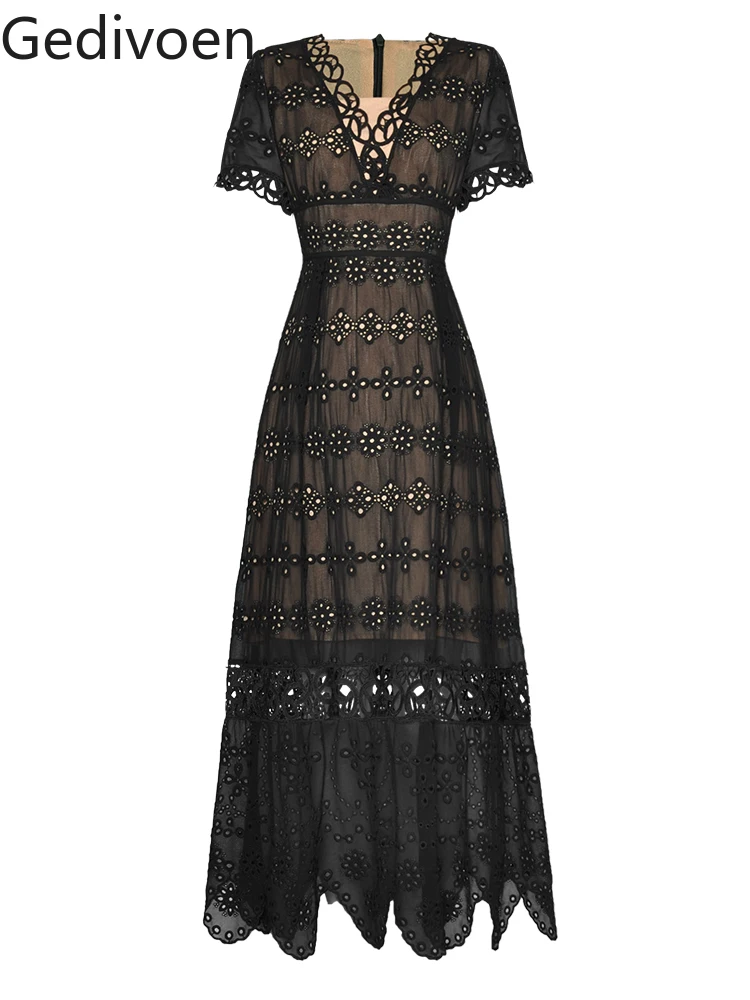 

Модельное винтажное платье Gedivoen, летнее платье с V-образным вырезом и цветочной аппликацией, прозрачные праздничные Платья-макси с большим разрезом, лето 2024