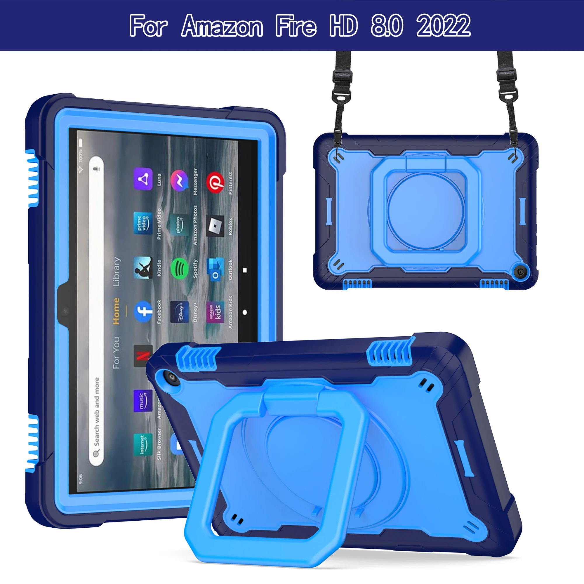 Durable Dropproof Tablet Case with 360° Swivel Holder and Shoulder Straps, Contrasting Design