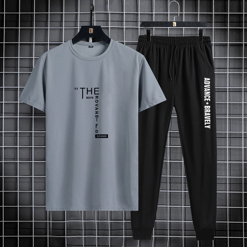 Trendy printed men's sports suit, summer casual T-shirt, leggings, two piece set, thin and breathable, solid color 2024 new prod 2