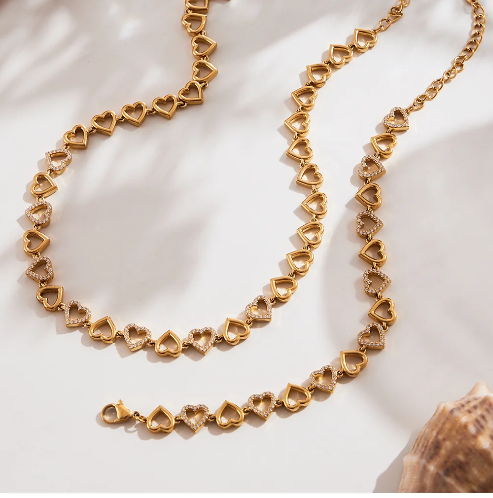 Herzförmige glänzende Zirkon-Kette, Halskette, goldenes Silber, Halsband für Damen, Edelstahl, vergoldetes Armband, Luxus-Schmuckset – Detail 14