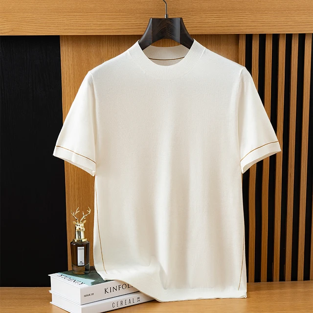 2026 Spring/Summer New Men's Short Sleeved 100% Wool T-Shirt Sweater O-neck Solid Color Loose Knit Pullover Business Casual Tops 2