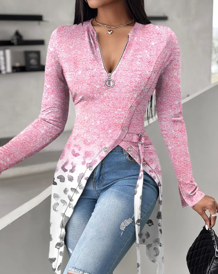 Sexy Long T Shirt Women 2024 Summer Harajuku Style Long Sleeve V Neck Leopard Print Ombre Pullover Zip Front Split Slim Fit Top