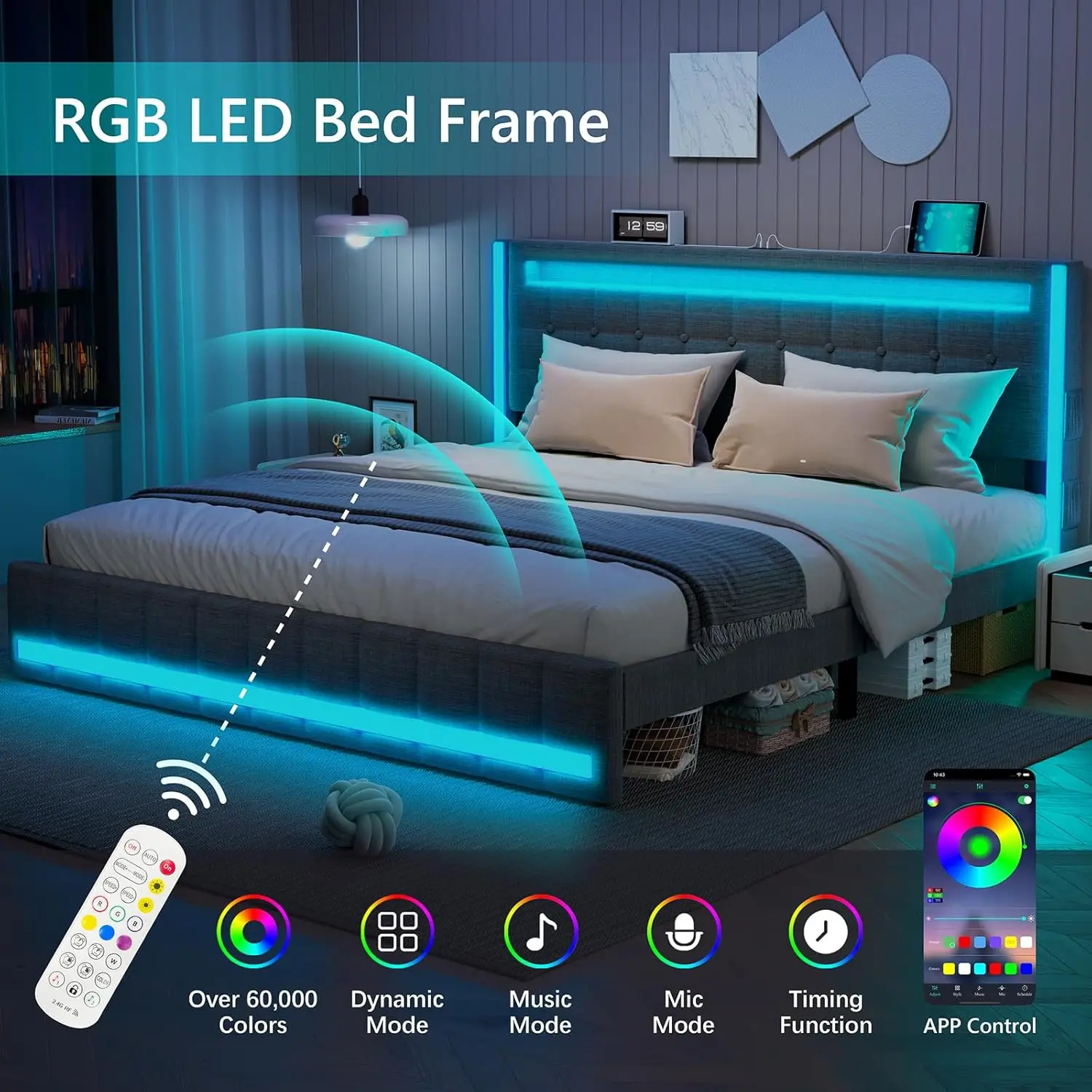 Queen Bed Frame with Adjustable Headboard & LED Lights, Upholstered Platform Bed Frame Queen Size with Type-C, Dark Grey 3