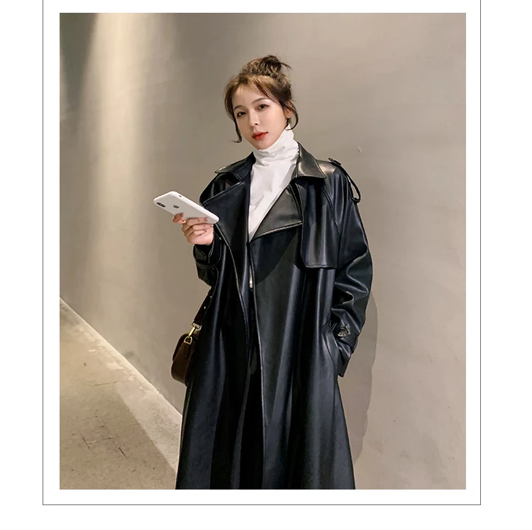 Fashion Brand New Women's Long PU Leather Trench Coat With Belt Lady Windbreaker Waterpoof Female Outerwear Spring Autumn Black puffy coats