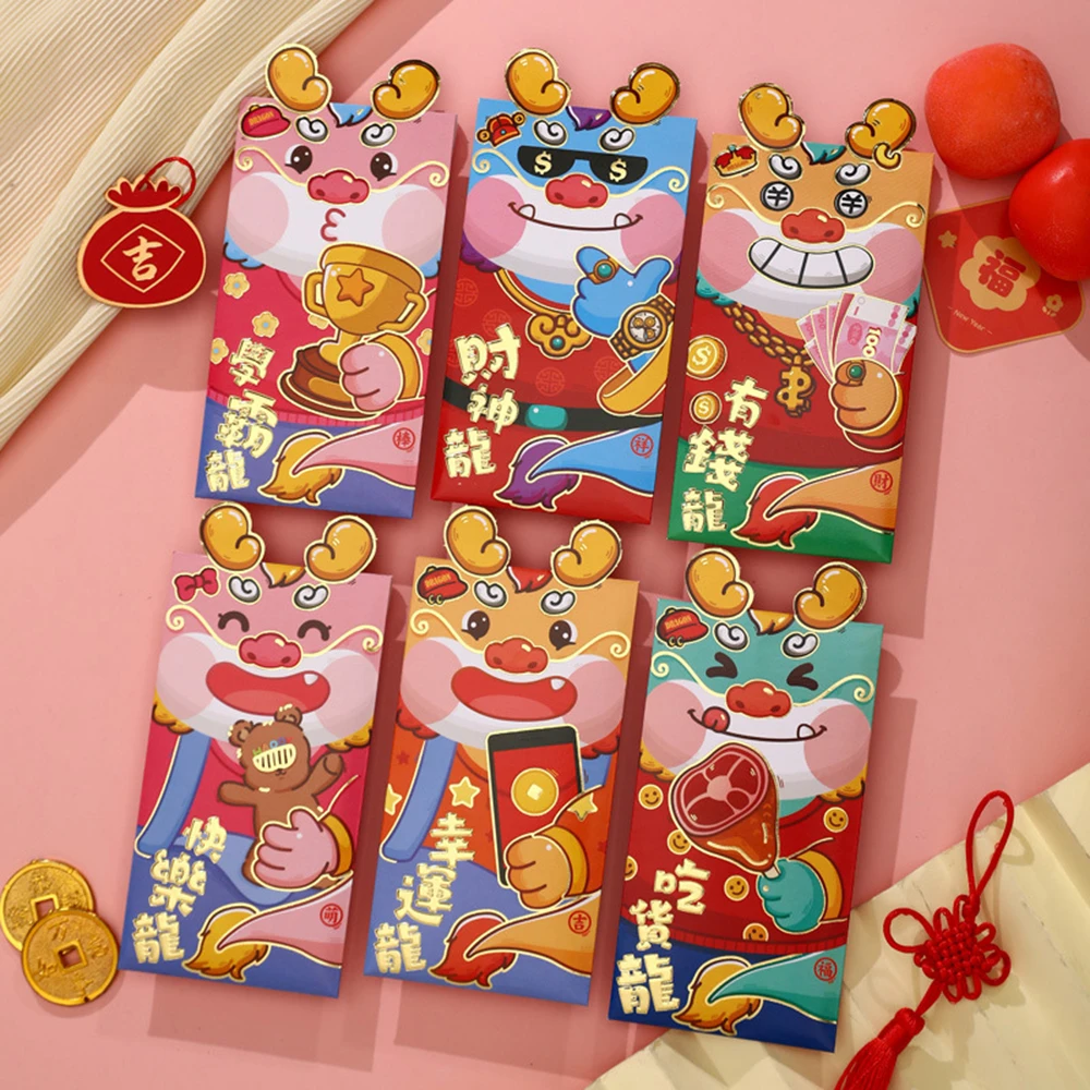 

6Pcs 2024 Dragon New Year Red Packet Cartoon Three-dimensional Chines Red Envelopes Lucky New Year Red Envelope Bag