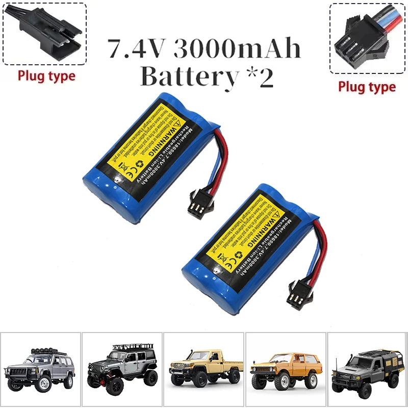 Batterie 7.4V 3000mAh USB pour voiture RC, modèle MN99S, posée sur fond neutre