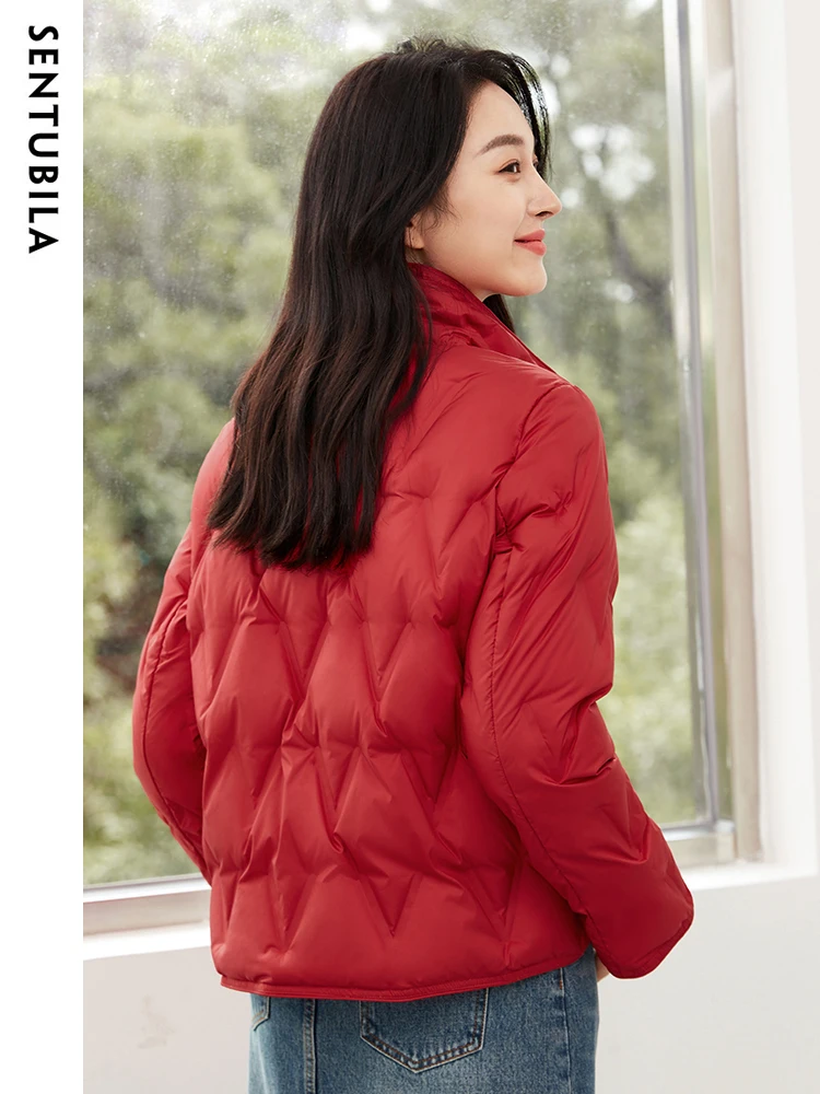 SENTUBILA Crop Down Jacket Winter for Women 2023 Elegant 90% White Duck Down Coat Stand Collar Reversible Wear Outwear W34Y49563