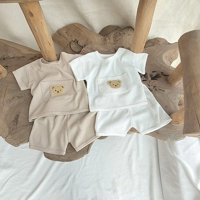 

2023 Summer Waffle Infant Baby Boys Clothes Sets Bear Short Sleeve T-Shirt+Shorts 2Pcs Casual Toddler Girls Cotton Outfits