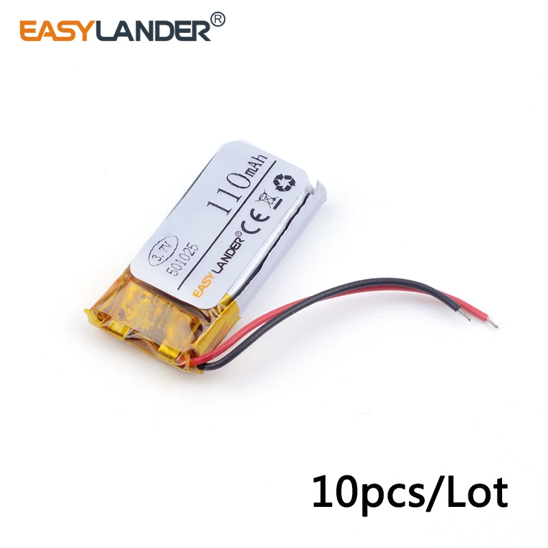 

10pcs /Lot 501025 110mAh 3.7v lithium Li ion polymer rechargeable battery For MP3 MP4 DVR GPS mp5 toys DVR Sports headphone