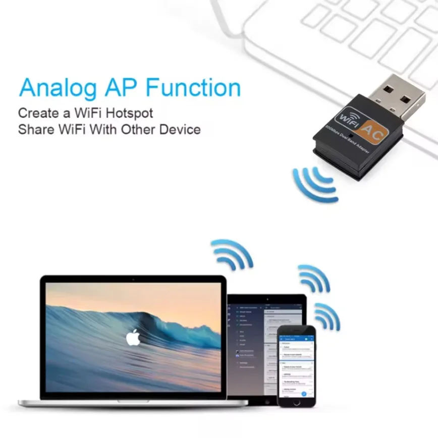 USB WiFi 어댑터 AC 600Mbps USB WiFi 동글 802.11AC 무선 네트워크 어댑터(PC 데스크탑 노트북용 듀얼 밴드 2.4GHz/5Ghz 포함)